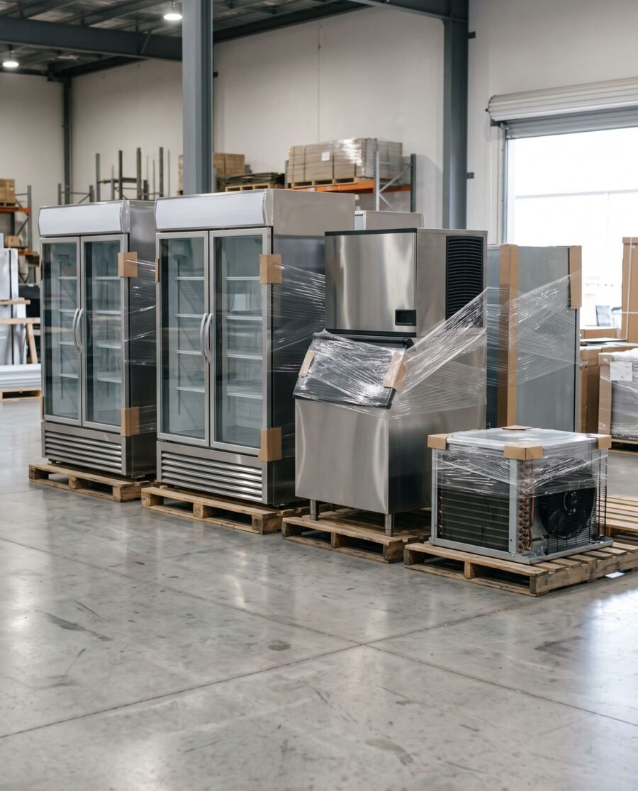New reach-in refrigerators, an ice machine and a condensing unit on pallets