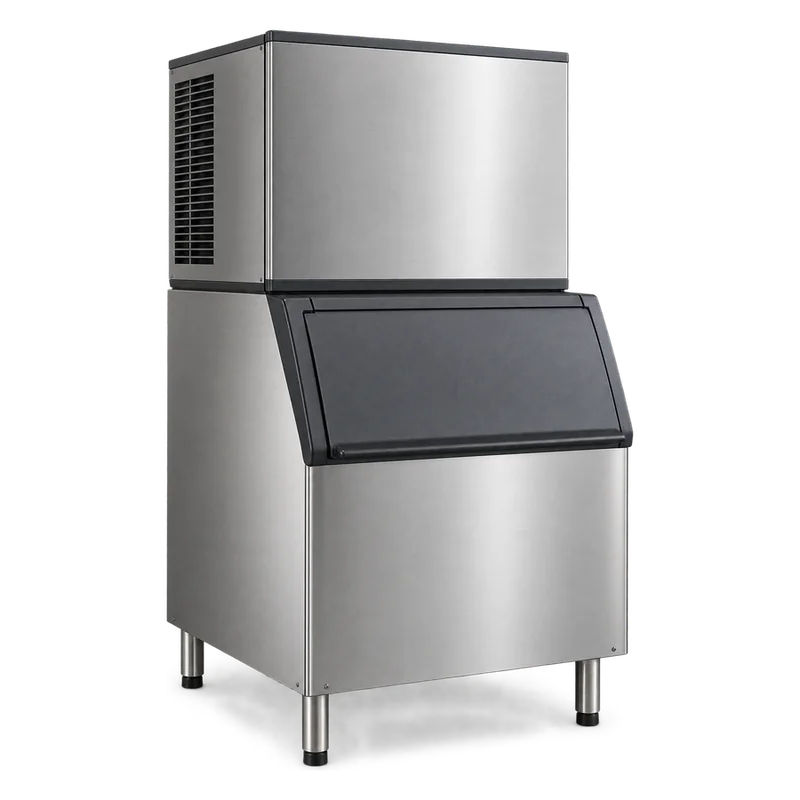 Commercial cube ice machine on a storage bin