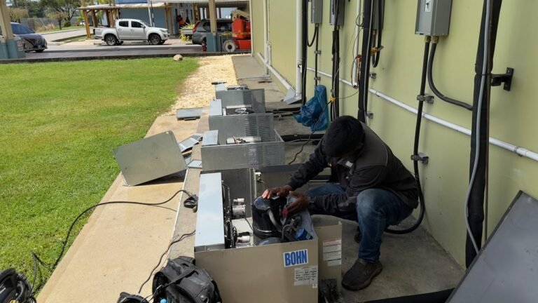 Working inside an opened condensing unit