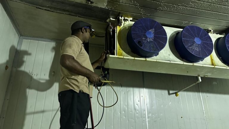Evaporator fans and pipework along the cold room ceiling